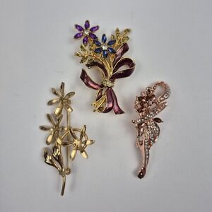 Lot of 3 Floral Brooches Rhinestone‎ Gold & Rose Gold Tone 2.5" Vtg Glam Pins